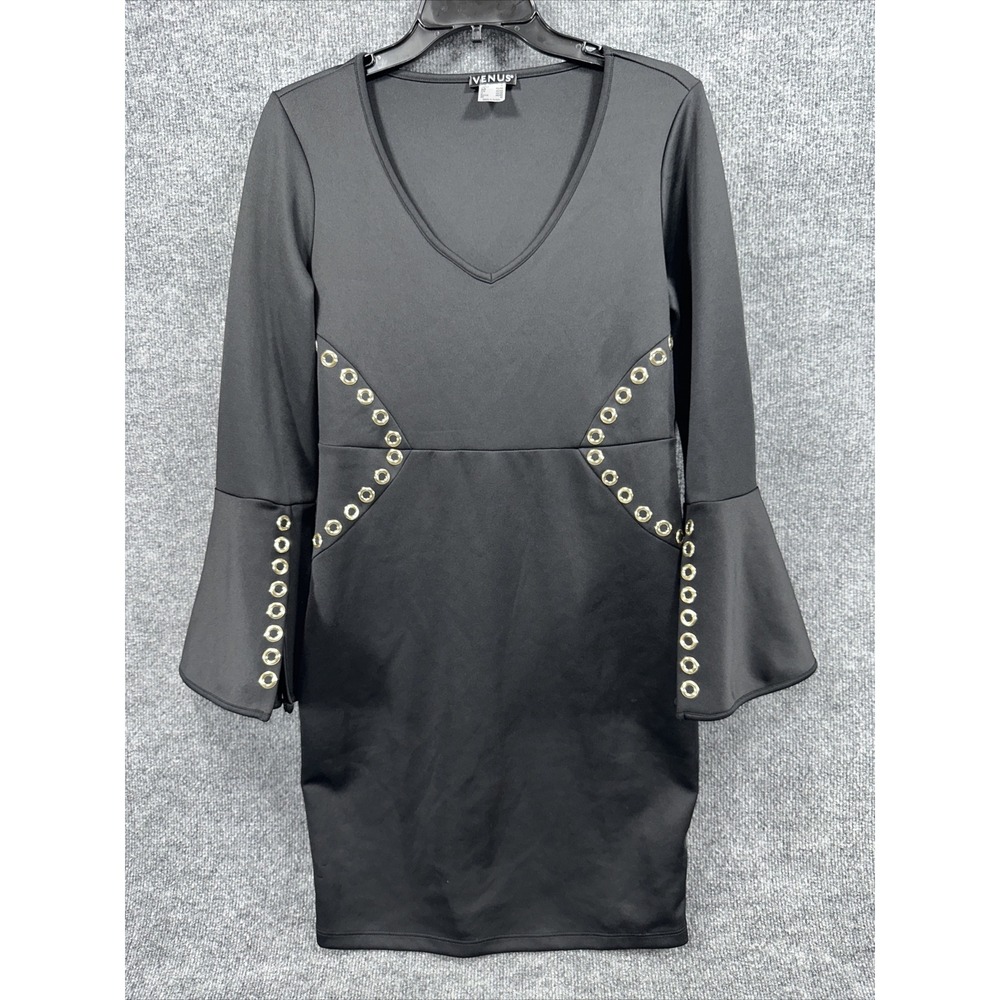 Women's Size M Black Gold V-neck Midi Casual Flair Sleeves Rivet Mid